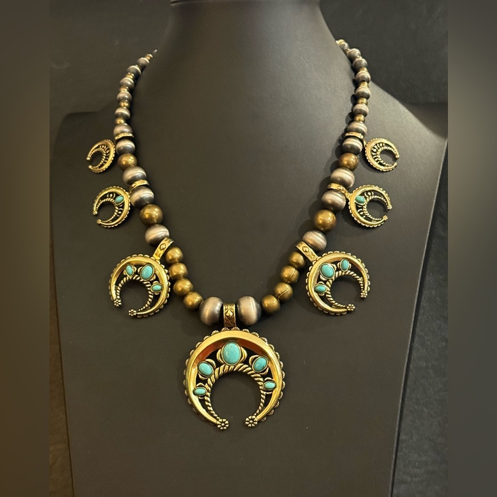 Carolyn Pollack Brass & Sterling Silver Navajo Pearls Squash Blossom Necklace - Picture 3 of 15
